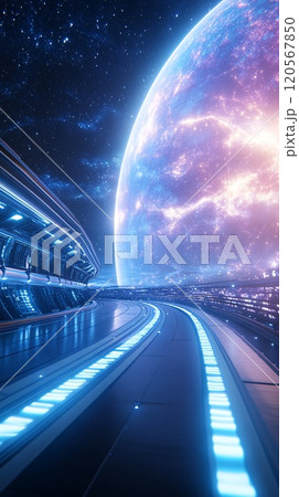 Futuristic Space Station with Neon Lights Orbiting a Mysterious Distant Planet 120567850