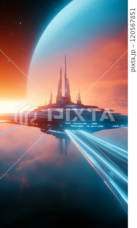 Futuristic Space Station with Gleaming Trails Orbiting a Majestic Planet Futuristic Space Station with Gleaming Trails Orbiting a Majestic Planet 120567851