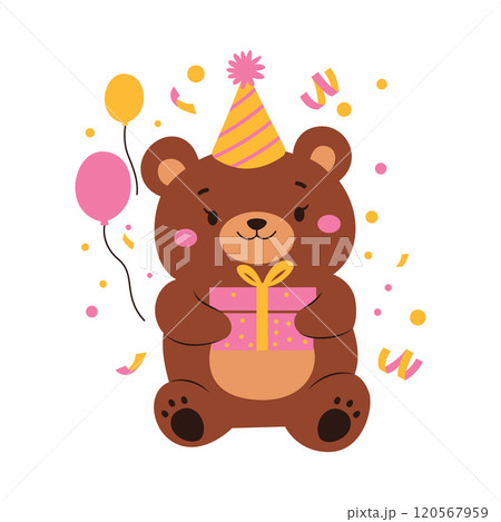 Cute Teddy Bear Doll Toy Character Celebrate Happy Birthday with Gift Box and Balloon Cute Teddy Bear Doll Toy Character Celebrate Happy Birthday with Gift Box and Balloon 120567959