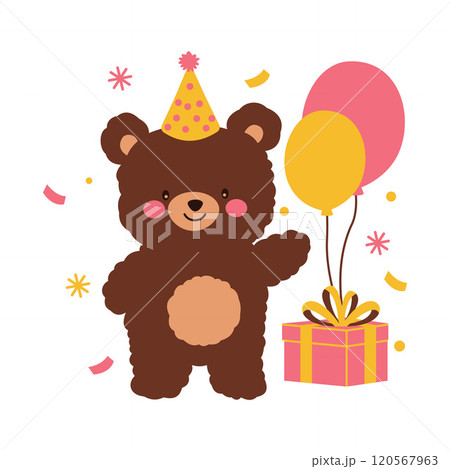 Cute Teddy Bear Doll Toy Character Celebrate Happy Birthday with Gift Box and Balloon 120567963