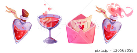 Magic love potion in bottle. Wizard elixir glass Magic love potion in bottle. Wizard elixir glass 120568059