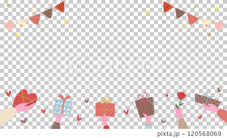 Valentine's day, party, background frame of hands holding gifts, cute hand drawn illustrations Valentine's day, party, background frame of hands holding gifts, cute hand drawn illustrations 120568069