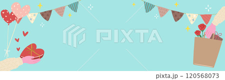 バレンタイン、パーティ、プレゼントを持った手の背景フレーム、かわいい手描きのイラスト 120568073