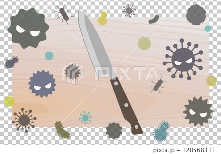 Vector illustration of bacteria growing on a cutting board Food poisoning Bacteria Knife Poison Pathogens Bacteria Germs Mold 120568111