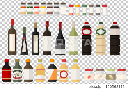調味料ベクターイラストセット 香辛料 スパイス 塩コショウ ワイン オリーブオイル めんつゆ 酢  120568113