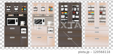 Wooden cupboard vector illustration set Wood grain Microwave Electric kettle Rice cooker Tableware Mug Drawer Wooden cupboard vector illustration set Wood grain Microwave Electric kettle Rice cooker Tableware Mug Drawer 120568118