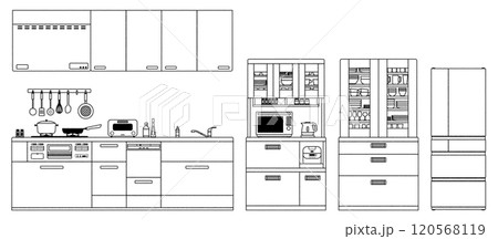 シンプルな手描き風キッチンベクターイラスト ラフ かわいい 手書き 台所 食器棚 料理 調理 冷蔵庫 120568119