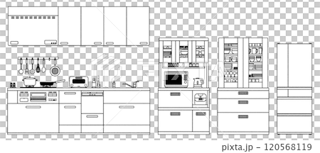 シンプルな手描き風キッチンベクターイラスト ラフ かわいい 手書き 台所 食器棚 料理 調理 冷蔵庫 120568119