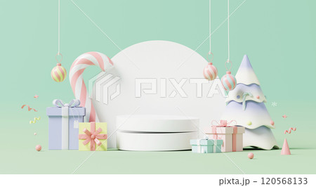 3D render, Pastel Christmas display with gifts, candy cane, and tree decorations, empty podium display for product showing on green background. 120568133