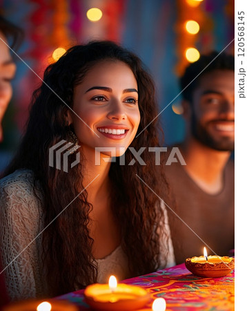 Joyful Celebration with Diverse Friends Enjoying Festival Together in Warm Light 120568145