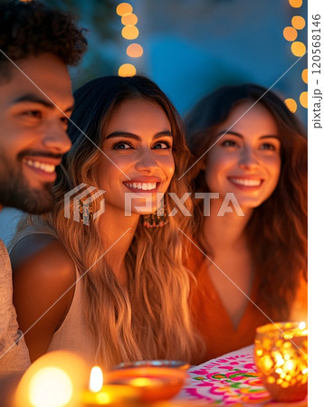 Joyful Gathering of Three Friends Celebrating with Candles and Smiles at Night 120568146