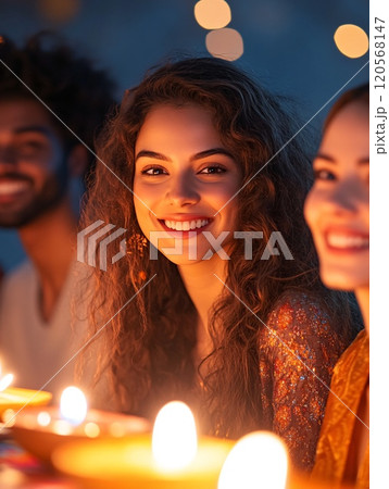 Joyful Gathering of Friends Celebrating Together with Candles in Warm Atmosphere 120568147