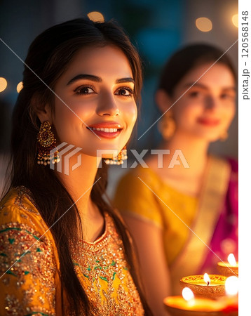Joyful Celebration of Friendship with Two Women in Traditional Attire at Dusk 120568148