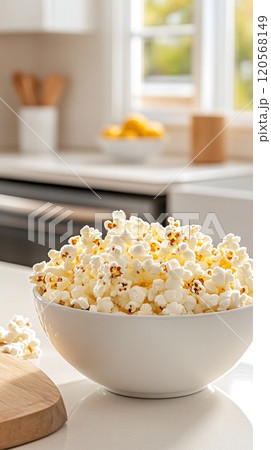 Bowl of Freshly Made Popcorn on a Modern Kitchen Counter in Sunlight 120568149