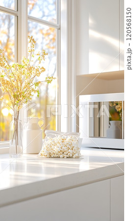 Sunlit Kitchen Countertop with Popcorn and Microwave in Modern Setting 120568150