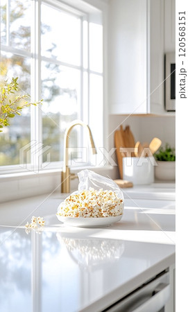 Bright Morning Kitchen with Freshly Popped Popcorn on White Countertop 120568151
