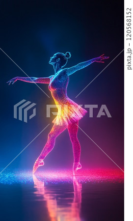 Vibrant Holographic Silhouette of a Female Dancer in Motion with Grace 120568152