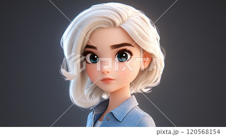 Young Woman with Blond Short Hair and Freckled in Blue Denim Shirt 120568154
