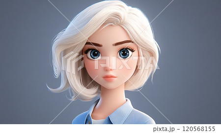 A 3D Character Design of a Blond Girl with Short Hair in Blue 120568155