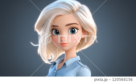 Charming 3D Character Animation of Girl with Short Blonde Hair and Blue Eyes 120568156