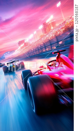 Aerial View of F1 Cars Racing Through Turn 1 at Twilight in Exciting Speed 120568187