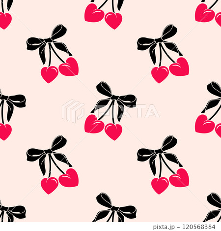 Seamless heart cherry pattern with bow. Ballet, coquette core background design. 120568384