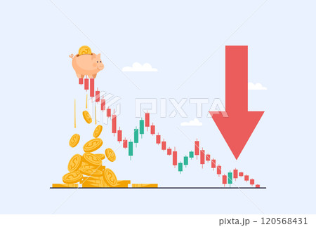 Financial crisis concept, losses, falling stock prices. Red Japanese candlestick chart and down arrow, and piggy bank losing money due to falling quotes. Flat vector cartoon illustration. Financial crisis concept, losses, falling stock prices. Red Japanese candlestick chart and down arrow, and piggy bank losing money due to falling quotes. Flat vector cartoon illustration. 120568431