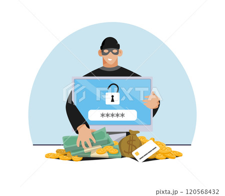 Online scam, internet fraud and online crime concept. Masked fraudster steals money from hacked bank user account via computer. Flat vector illustration. Online scam, internet fraud and online crime concept. Masked fraudster steals money from hacked bank user account via computer. Flat vector illustration. 120568432
