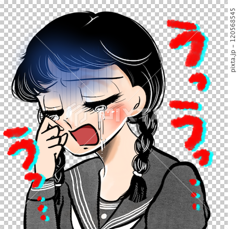 A cartoon illustration of a Showa retro style high school girl in a sailor suit with braids crying 120568545