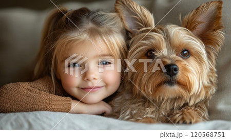little girl smiles warmly beside Yorkshire Terrier, showcasing heartwarming bond. cozy setting enhances joyful atmosphere of friendship and comfort little girl smiles warmly beside Yorkshire Terrier, showcasing heartwarming bond. cozy setting enhances joyful atmosphere of friendship and comfort 120568751