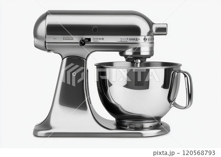 modern stand mixer with stainless steel bowl, perfect for baking. Its sleek design and powerful motor make it essential kitchen appliance for any home chef 120568793