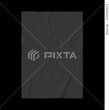 Paper wrinkled poster flyer, glued uneven rectangle grey placard, vector realistic wet paper sheet crumpled dark texture 120568871