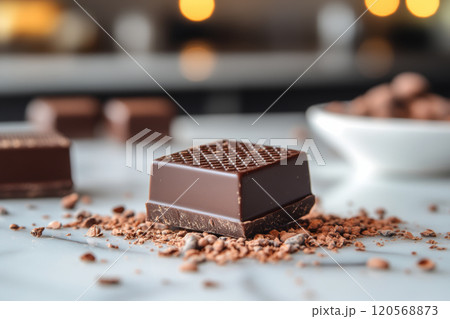 single dark chocolate square rests on marble surface, surrounded by cocoa powder and other chocolate pieces, evoking rich and indulgent experience 120568873