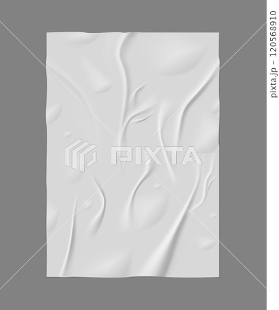 Paper wrinkled poster or flyer, vector realistic glued creased rectangle white sheet, wet crumpled vertical paper blank Paper wrinkled poster or flyer, vector realistic glued creased rectangle white sheet, wet crumpled vertical paper blank 120568910
