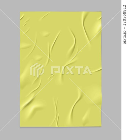 Paper wrinkled poster or flyer, glued creased rectangle yellow sheet, vector realistic wet crumpled vertical paper blank Paper wrinkled poster or flyer, glued creased rectangle yellow sheet, vector realistic wet crumpled vertical paper blank 120568912