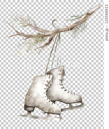 Hanging figure skates isolated on white background. Watercolor illustration winter shoes on a dry tree branch. Drawing of Сhristmas element in vintage style for stickers and greeting cards. Hanging figure skates isolated on white background. Watercolor illustration winter shoes on a dry tree branch. Drawing of Сhristmas element in vintage style for stickers and greeting cards. 120568913