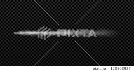 Rocket or jet aircraft vector smoke horizontal trail, realistic white fume airplane launch trace, fog flow, gas steam 120568927