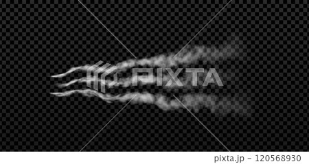 Rocket or jet aircraft smoke trail three curves stripes, vector realistic white fume flow, space launch trace, fog steam Rocket or jet aircraft smoke trail three curves stripes, vector realistic white fume flow, space launch trace, fog steam 120568930