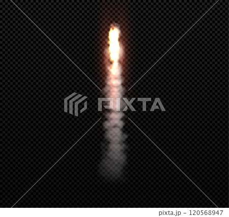 Rocket fire smoke or jet aircraft vector trail, realistic space rocket launch trail, orange fire burst, missile trace 120568947