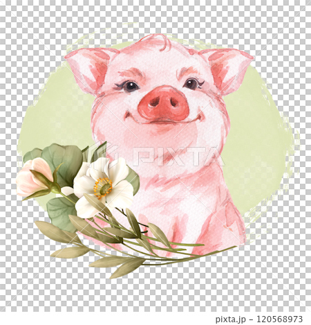 Cute watercolor pig. Floral animal illustration Cute watercolor pig. Floral animal illustration 120568973