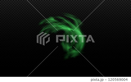 Green smoke, bad smell smog, vector realistic steam waves, stink cloud of stench poison gas, chemical toxic vapor flow 120569004