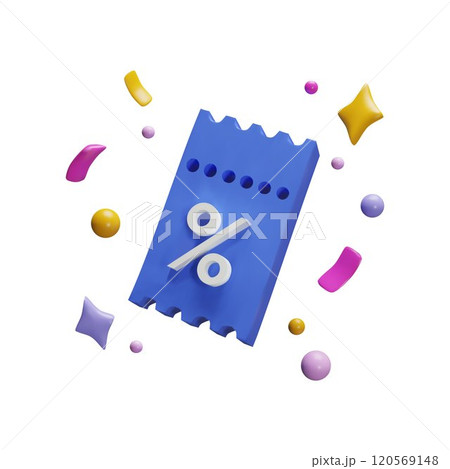 Vector 3d illustration with blue gift coupon image with percent sign and colorful confetti around. Vector 3d illustration with blue gift coupon image with percent sign and colorful confetti around. 120569148