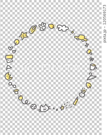 一個可愛的圓形框架，看起來像各種塗鴉：星星、月亮、汽車、時鐘、翻蓋手機、貓 120569173