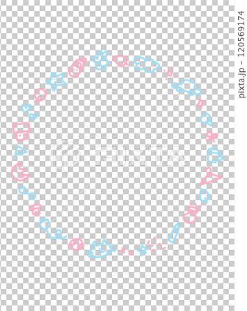 一個可愛的圓形框架，看起來像各種塗鴉：星星、月亮、汽車、時鐘、翻蓋手機、貓 120569174