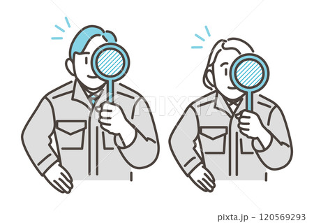 虫眼鏡で調べる作業着の男女作業員【ベクターイラスト素材】 虫眼鏡で調べる作業着の男女作業員【ベクターイラスト素材】 120569293
