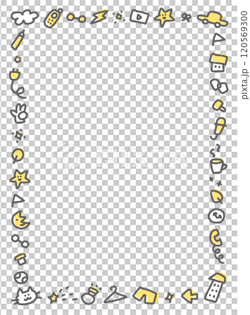 一個可愛的框架，看起來像各種塗鴉：星星、月亮、汽車、時鐘、翻蓋手機、貓 120569300