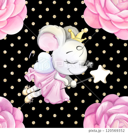 Seamless pattern cartoon watercolor princess fairy tooth. Mouse with crown. Roses and gold polka dot background for textile, printable, congratulations 120569352