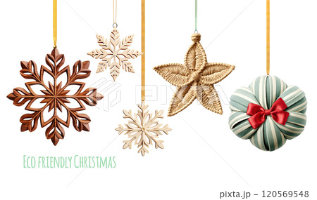 Eco friendly Christmas. Homemade Christmas ornaments made of natural biodegradable materials. Ecology, environmental conservation, zero waste concept. Isolated on white background 120569548