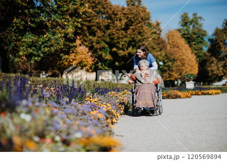 Disabled elderly woman in wheelchair on walk in the park, admiring flower bed. Young nurse pushing wheelchair. Disabled elderly woman in wheelchair on walk in the park, admiring flower bed. Young nurse pushing wheelchair. 120569894