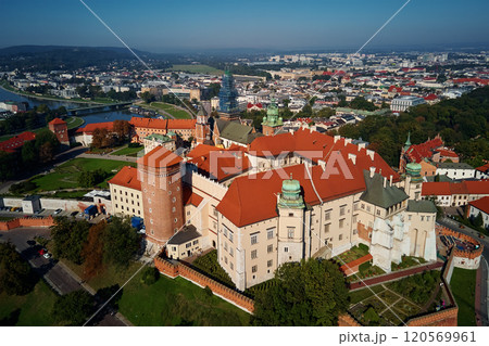 Aerial view of Wawel Castle in Krakow. Medieval royal renaissance architecture. Touristic landmark in Poland Aerial view of Wawel Castle in Krakow. Medieval royal renaissance architecture. Touristic landmark in Poland 120569961